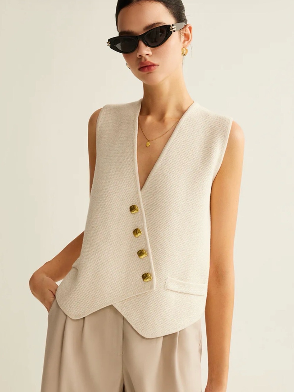 Commense Cream Textured Sleeveless Vest with Gold Buttons
